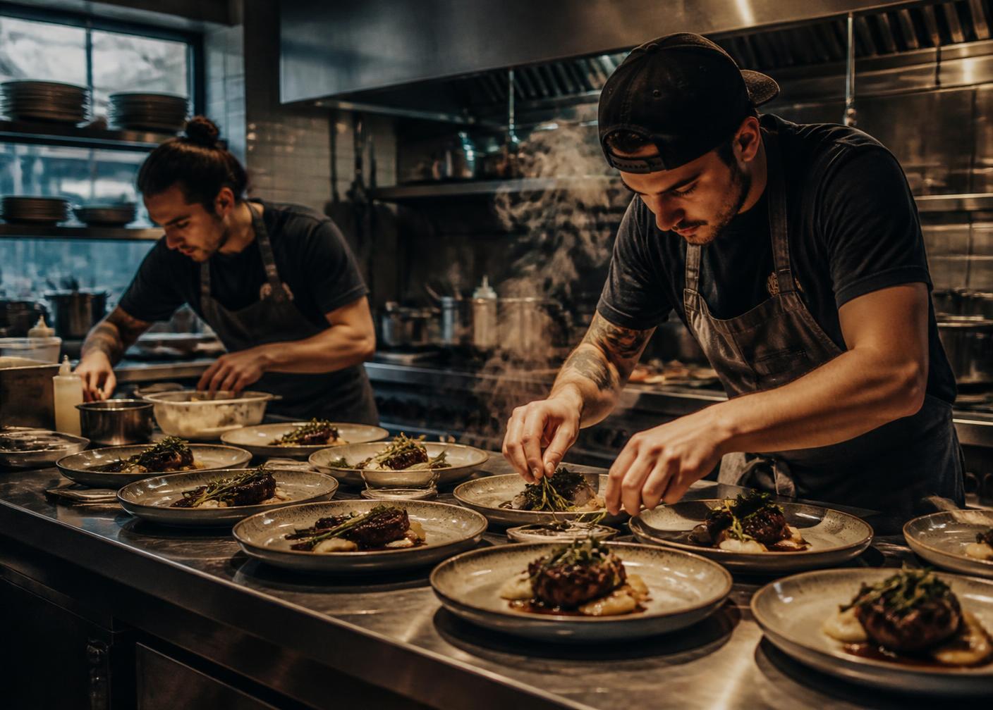 Brigade de cuisine dressant des dizaines d'assiettes à l'aube