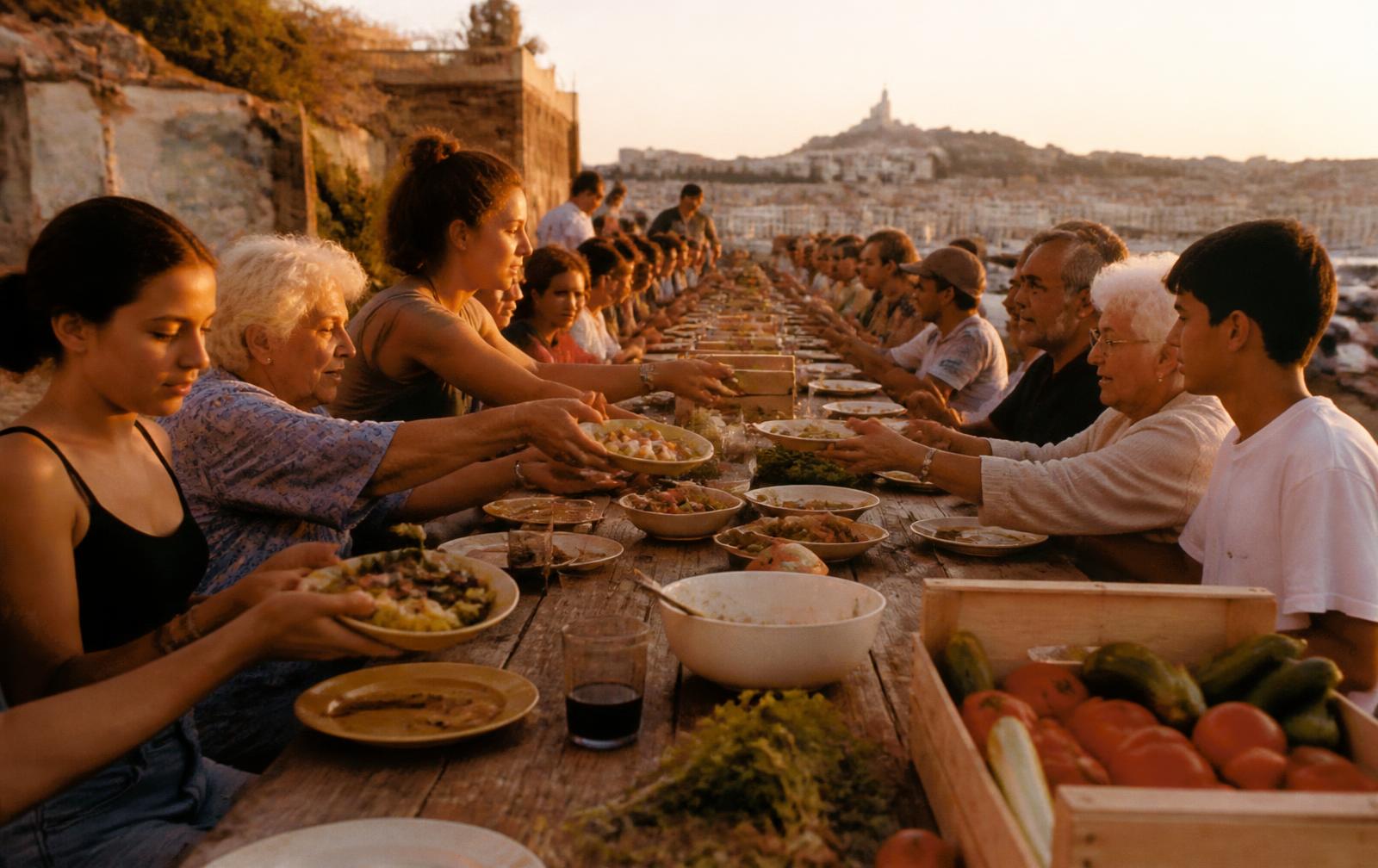 Une très longue table commune dressée à Marseille au coucher du soleil
