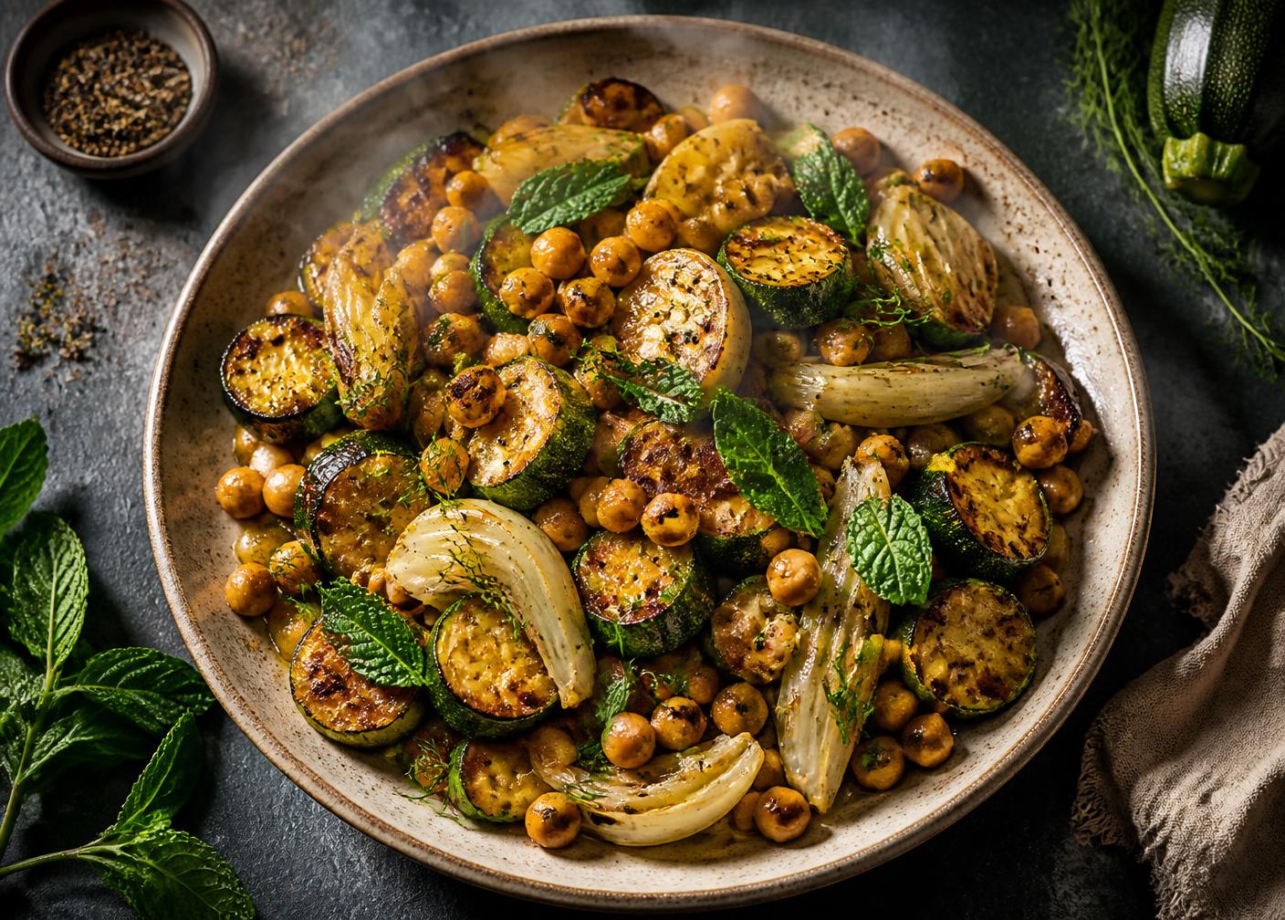 Assiette de courgettes, pois chiches, fenouil et menthe