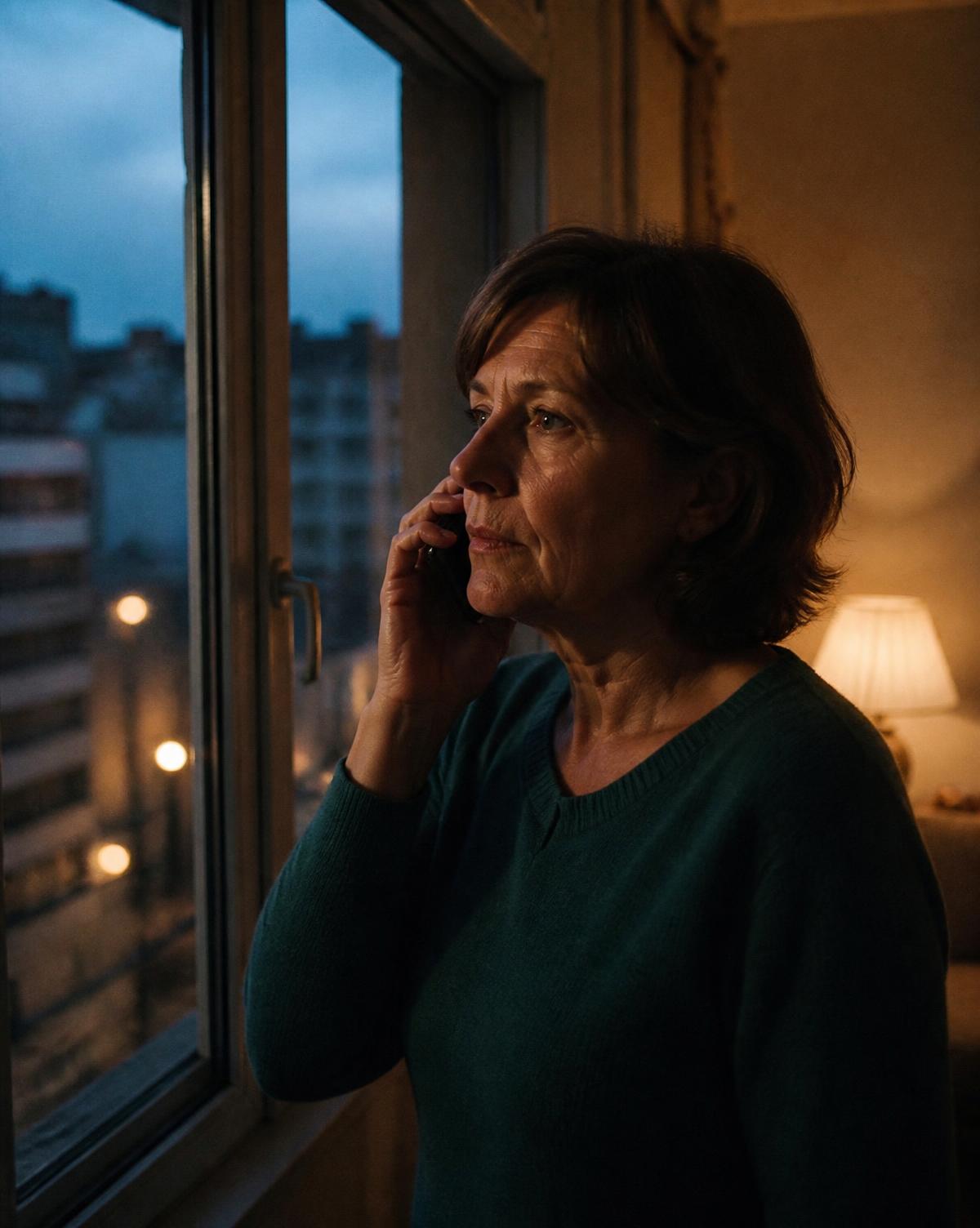 Une femme au téléphone à la tombée du jour dans son appartement