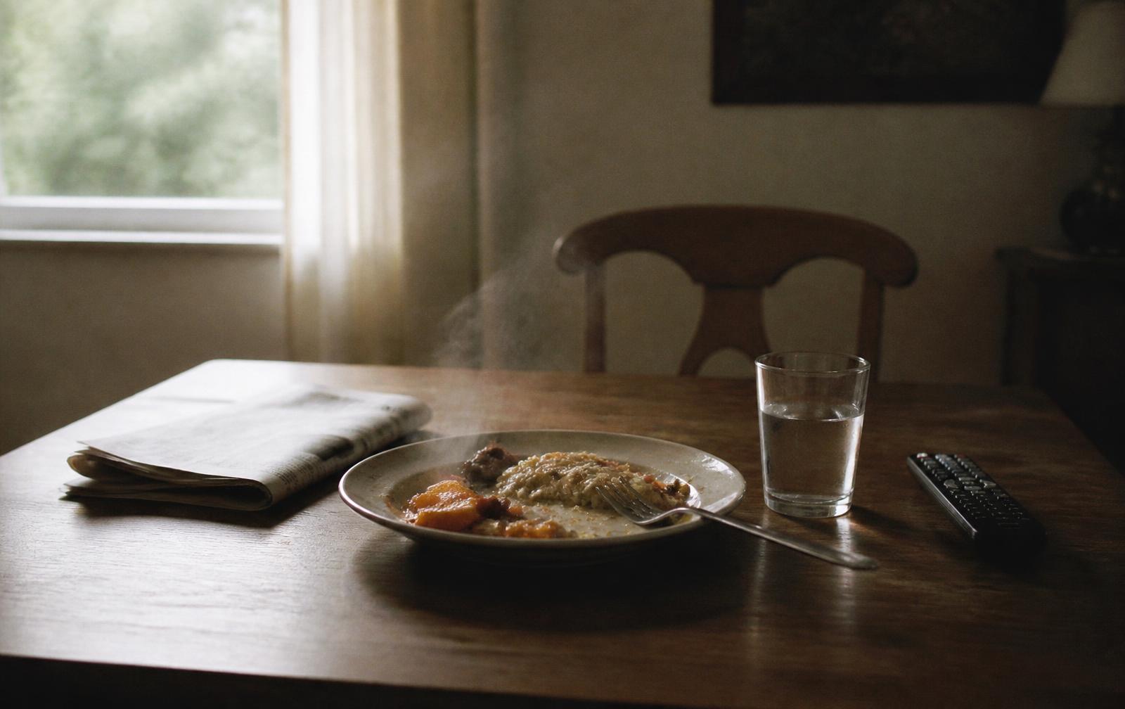 Une table mise pour une seule personne, une assiette entamée, un verre, un journal